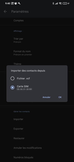 Import contacts from a SIM card